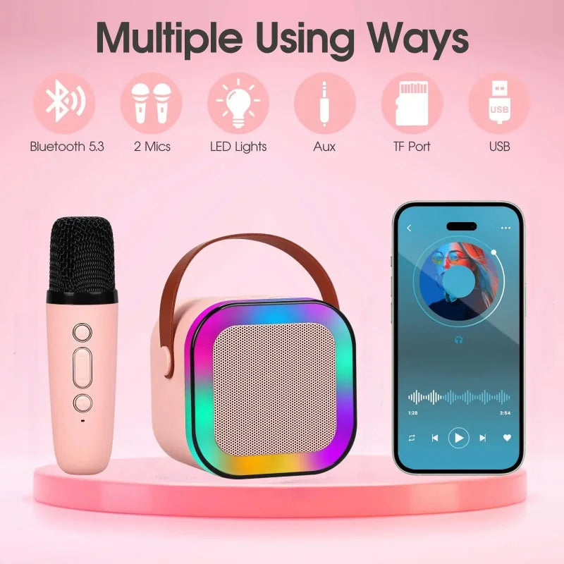 K12 Karaoke Machine with 1/2 Wireless Microphones Portable 5.3 PA Bluetooth Speaker System RGB Lights Audio Home KTV Kid Gifts
